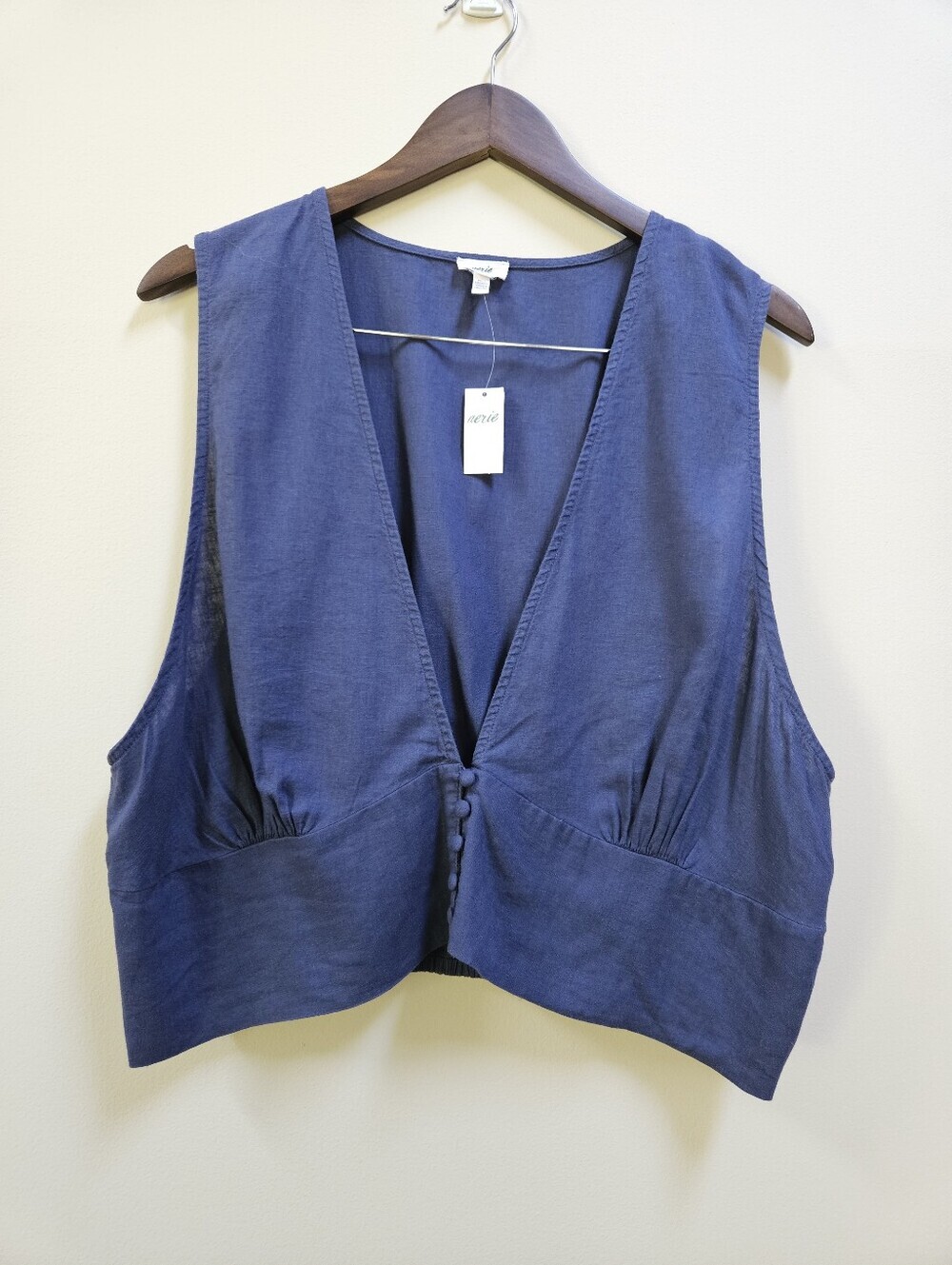 NWT Aerie Blue Linen Blend Vest Top Button Front Cropped Boho Crossover Hem XXL